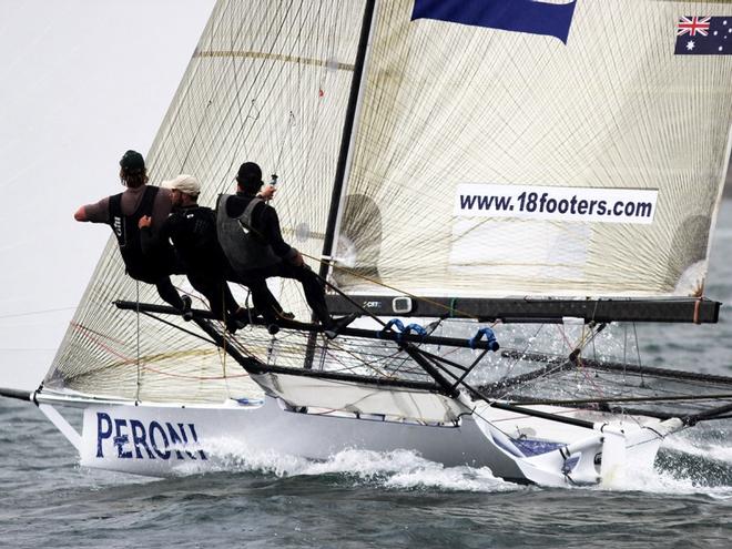Peroni showed good speed to the bottom mark on the first run – 18ft Skiffs Spring Championship ©  Frank Quealey / Australian 18 Footers League